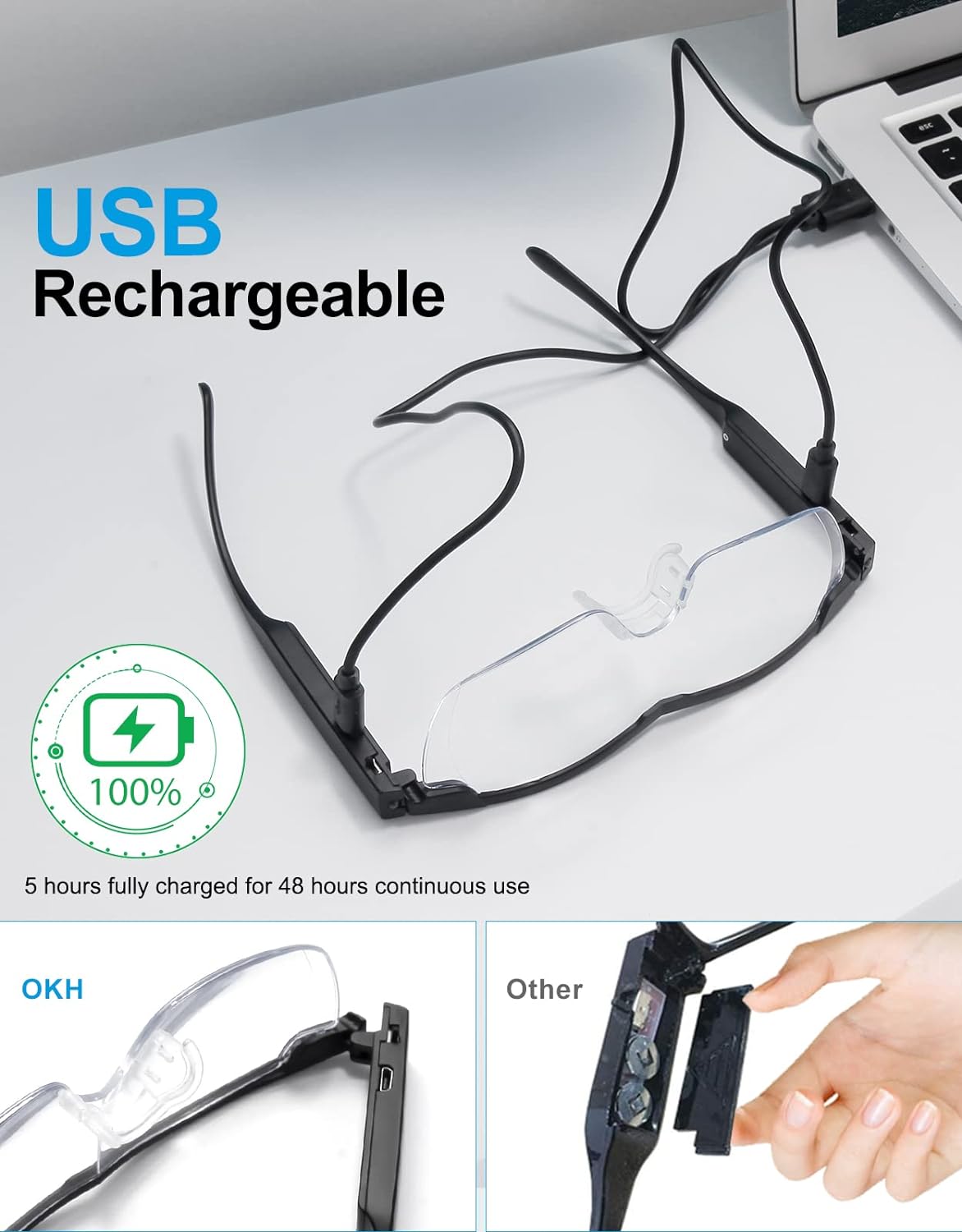 OKH 200% lupa con luz, anteojos de aumento recargables con luz LED, lentes de aumento de visión brillante, manos libres, para trabajo cercano,