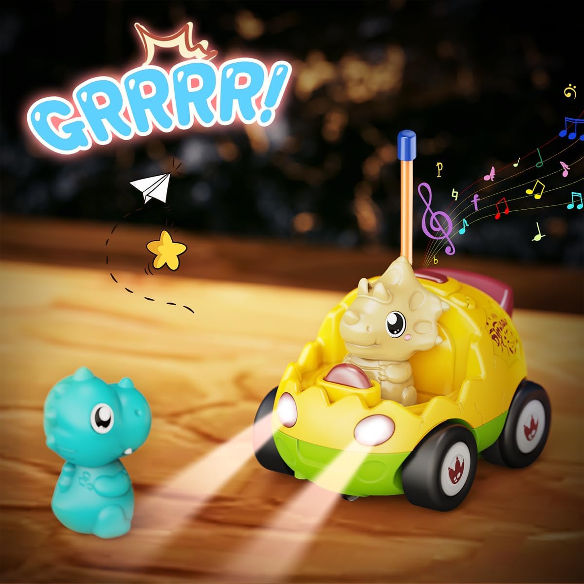 Paquete de 2 autos a control remoto para niños de 2, 3, 4, 5 años, juguetes de dinosaurios para niños pequeños con música, luces y efecto de sonido,