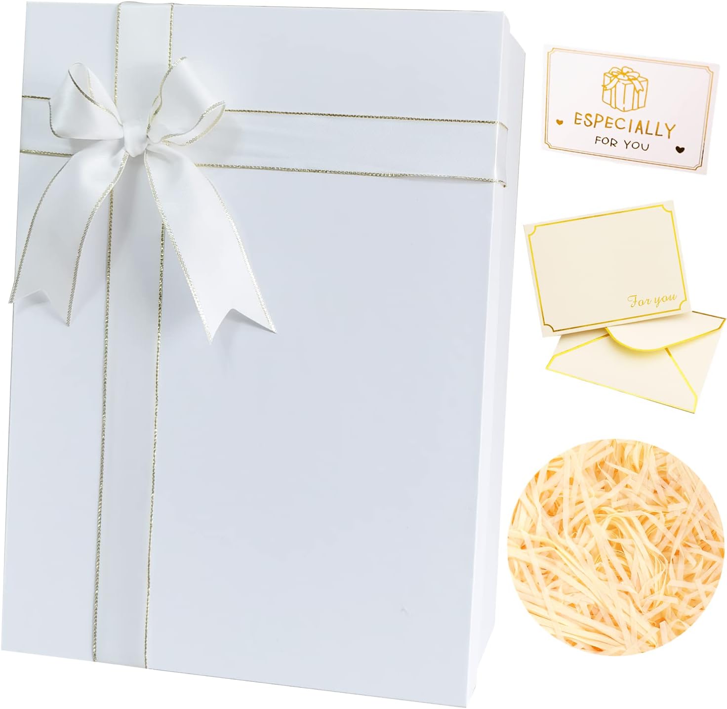 MYGOGOART Caja de regalo grande blanca de 13 x 10 x 5 pulgadas con tapa, lazo de cinta, relleno de papel de rafia triturado, tarjeta de felicitación