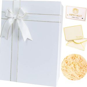 MYGOGOART Caja de regalo grande blanca de 13 x 10 x 5 pulgadas con tapa, lazo de cinta, relleno de papel de rafia triturado, tarjeta de felicitación MYGOGOART Caja de regalo grande blanca de 13 x 10 x 5 pulgadas con tapa, lazo de cinta, relleno de papel de rafia triturado, tarjeta de felicitación