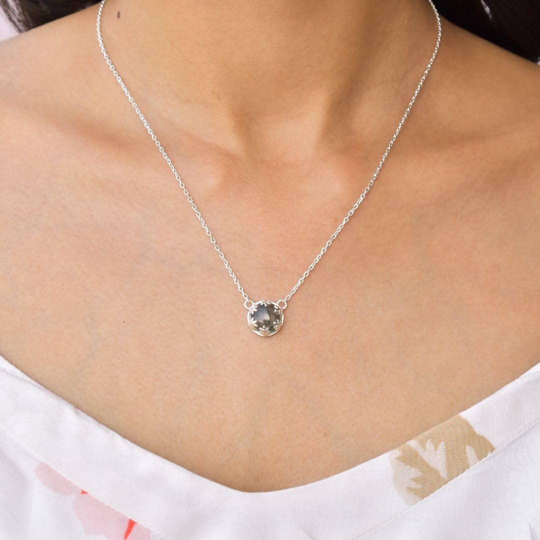 Genuine Moss agate Leaf-Inspired Gemstone Necklace in Solid 925 Sterling Silver Nature’s Elegance Embodied