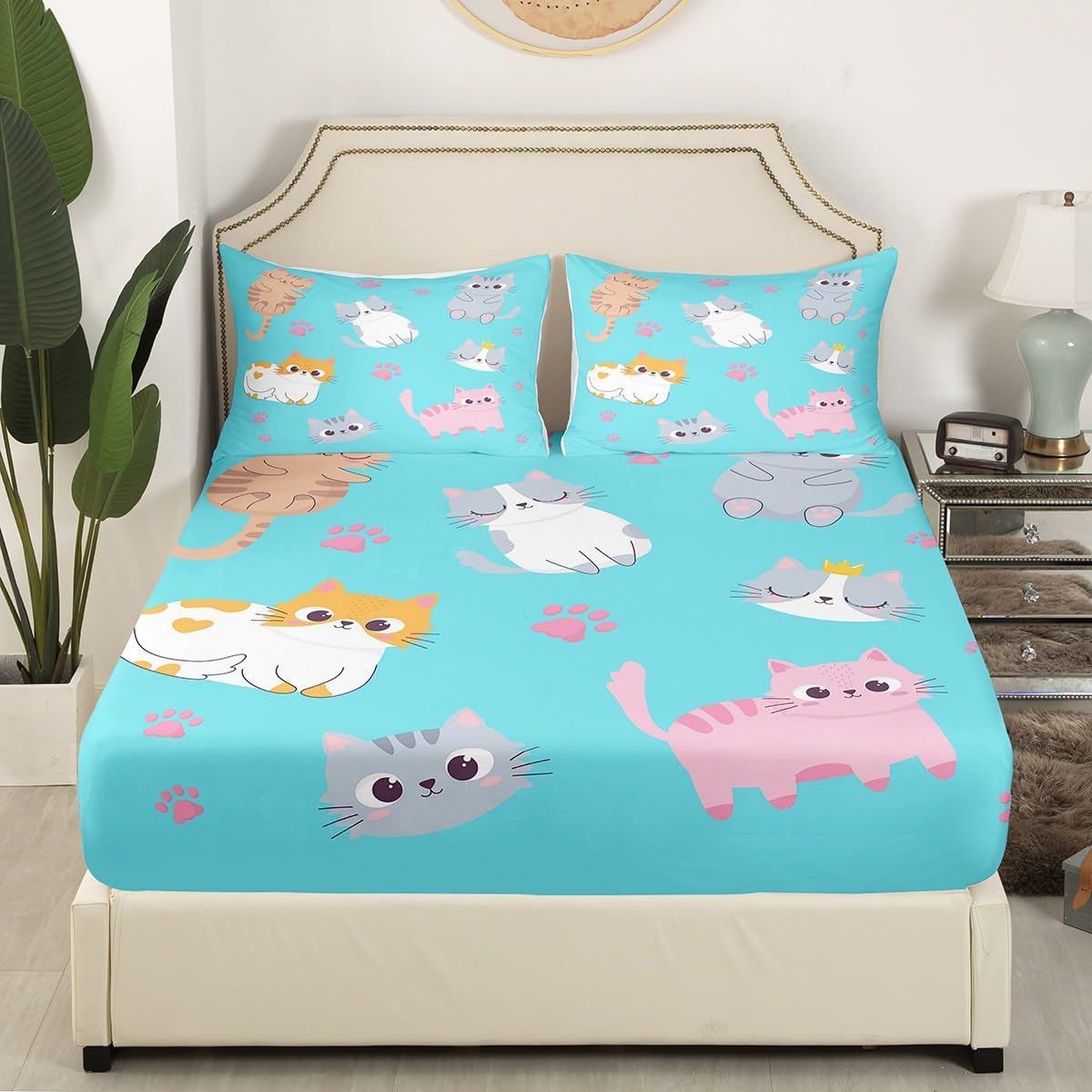 Erosebridal Lindo juego de ropa de cama de gatos Kawaii de tamaño individual, sábanas para niños y niñas, juego de sábanas de gatos de dibujos