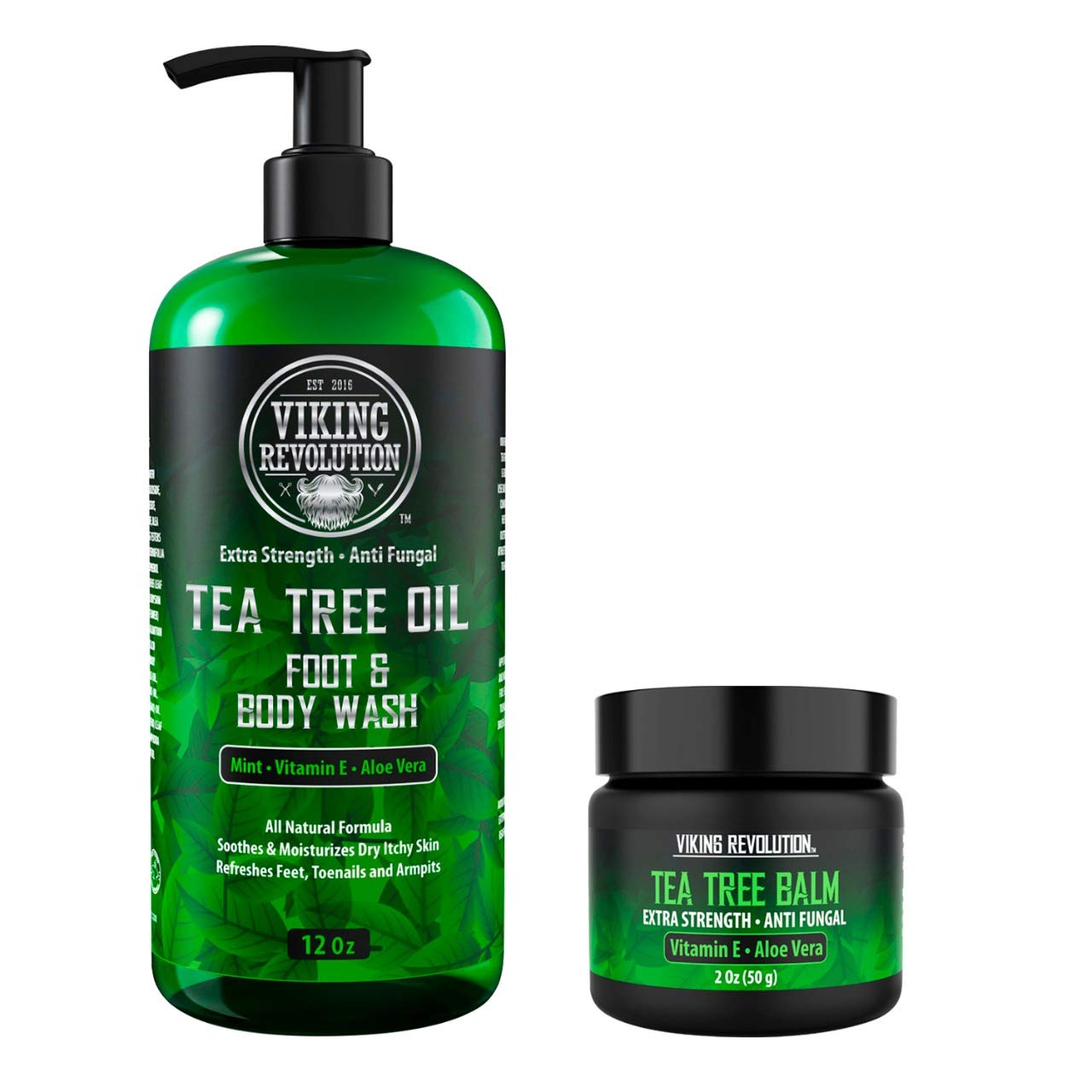 Viking Revolution Kit de árbol de té para hombres  Juego de aceite de árbol de té con gel de baño y bálsamo  Hidratante, ayuda al pie de atleta,