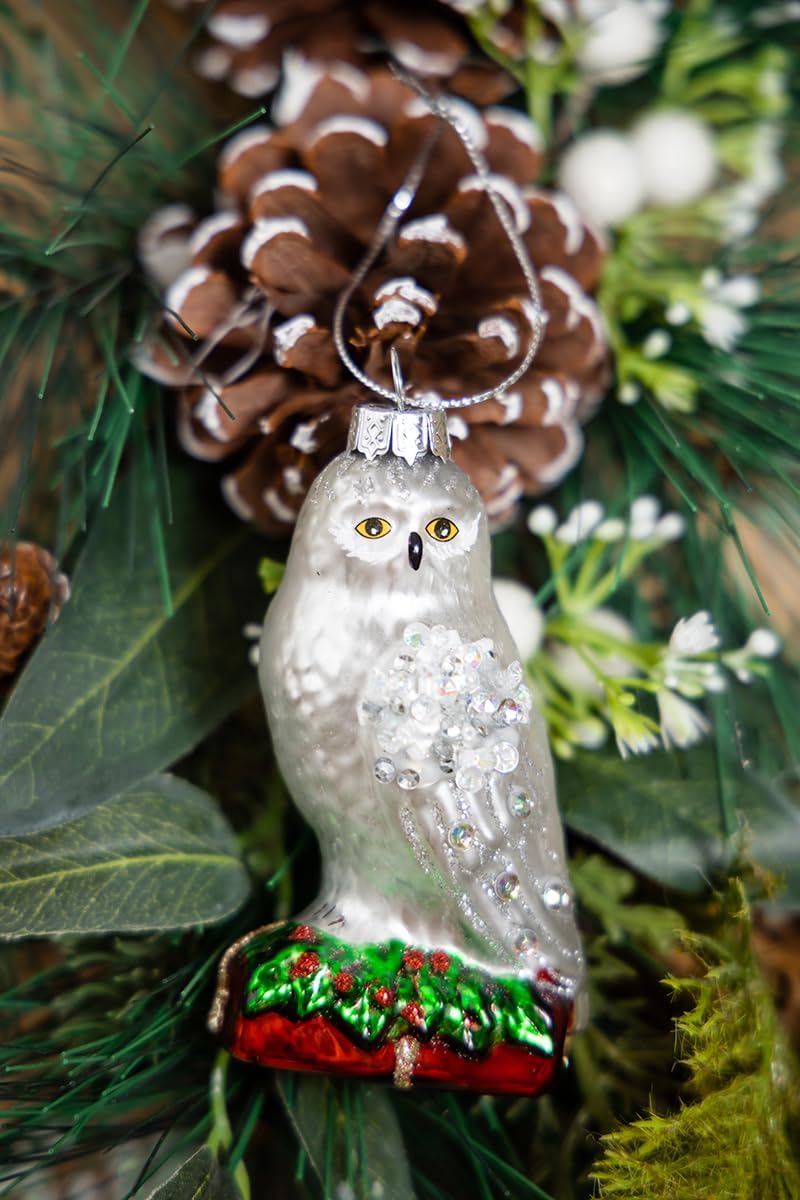 Juego de 2 adornos de búho de vidrio soplado a mano para árbol de Navidad, adornos de Navidad de búho de vidrio colgante