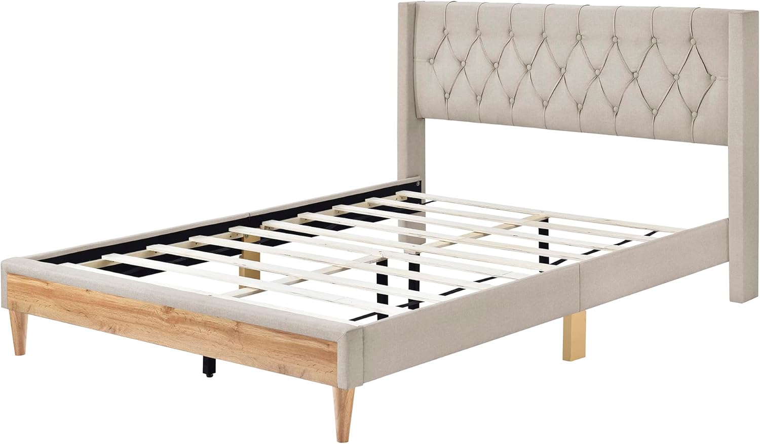Base de cama tamaño Queen, plataforma tapizada de tela de lino con cabecero y patas de madera de goma, no necesita somier, para niños, adolescentes,