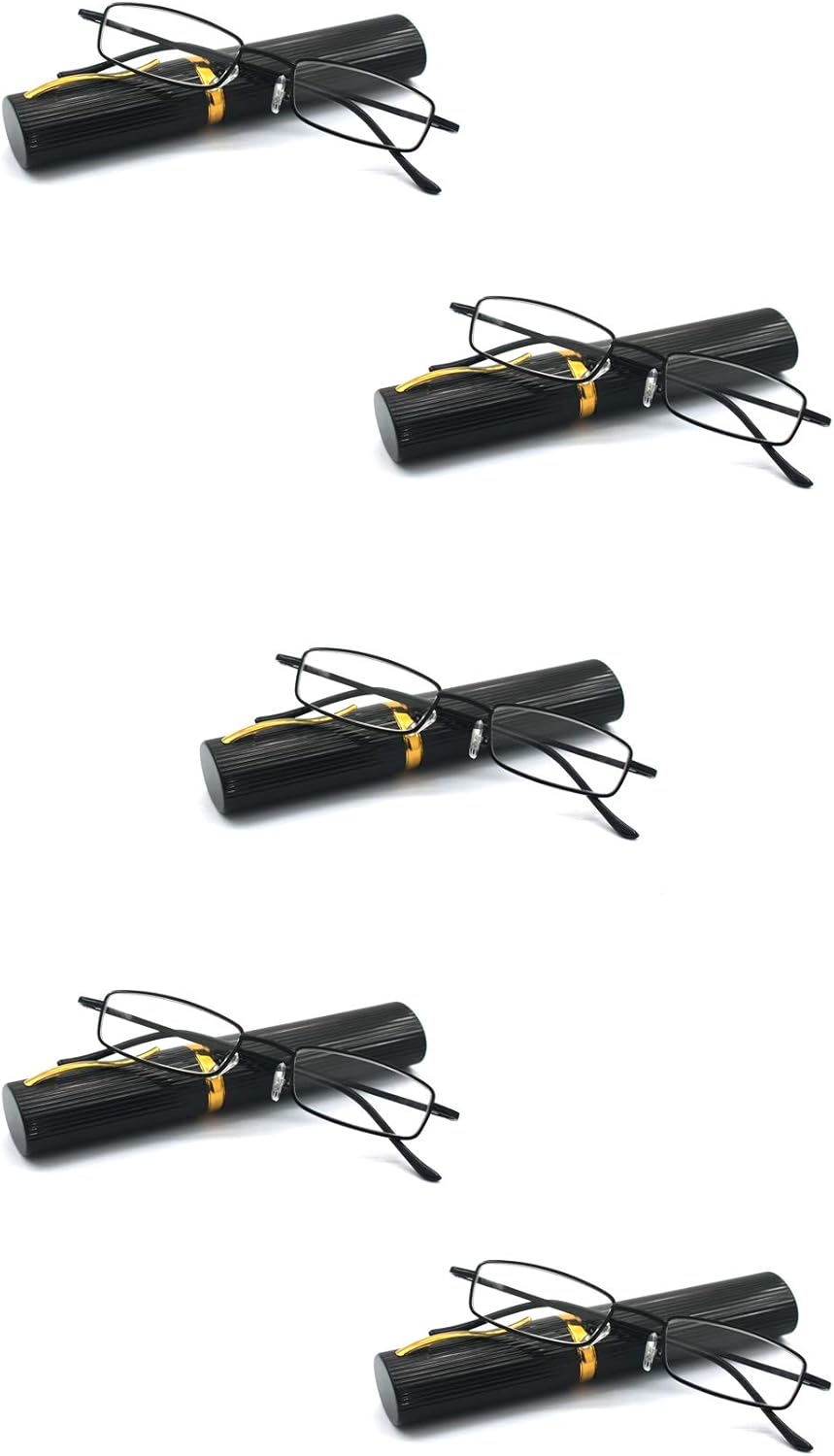 Juego de 5 gafas de lectura de metal delgadas con estuche de tubo para hombres y mujeres, multicolor
