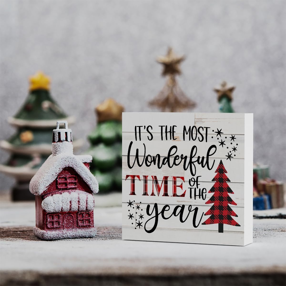 WRSUNT Letrero de madera con texto en inglés “It’s The Most Wonderful Time of The Year”, diseño retro de granja, Navidad, Papá Noel, 5 x 5 pulgadas