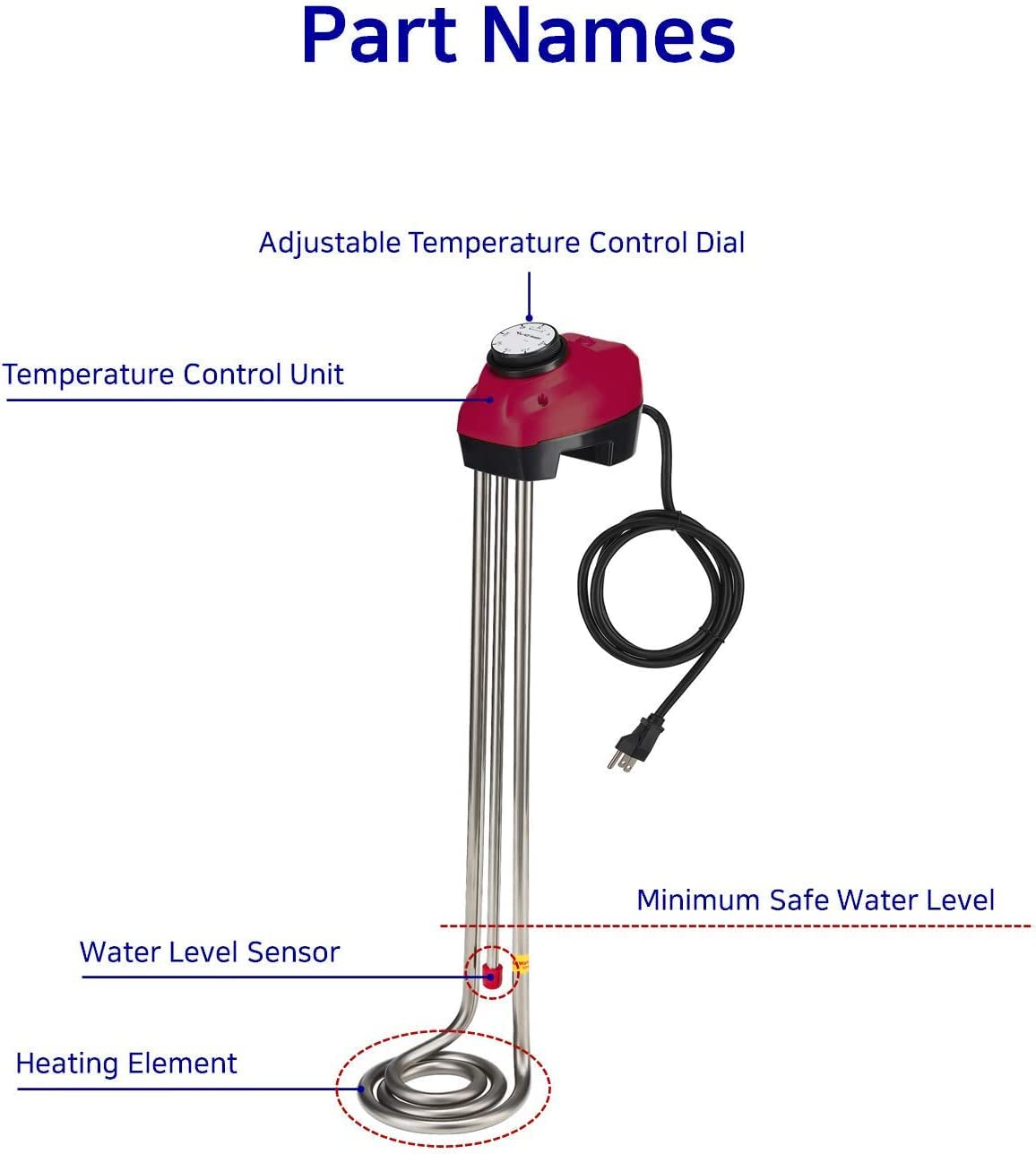 KD Calentador de agua de cubo de inmersión de 1600 W, apagado automático, prevención de sobrecalentamiento, sensor de nivel de agua automático,