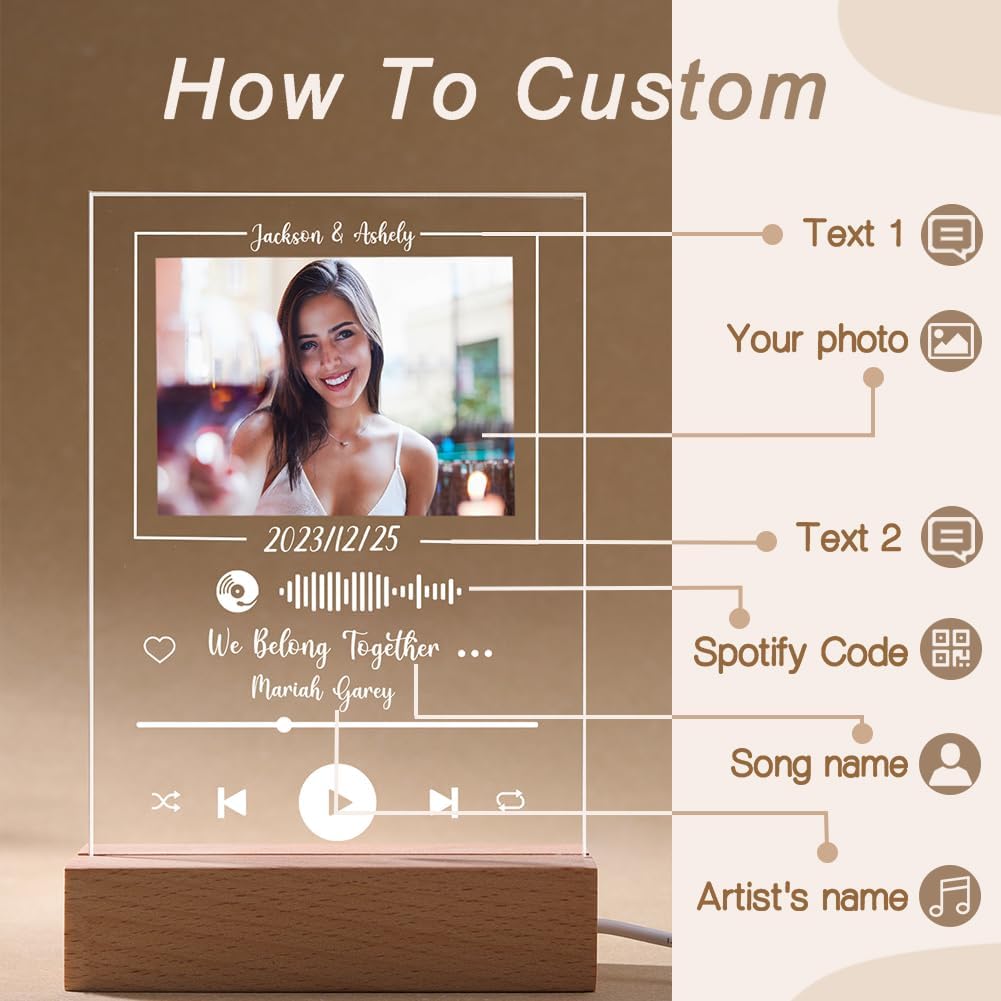 ShineSand Placa personalizada de Spotify con imagen, placa de música acrílica personalizada con foto, regalos personalizados para novio, novia,