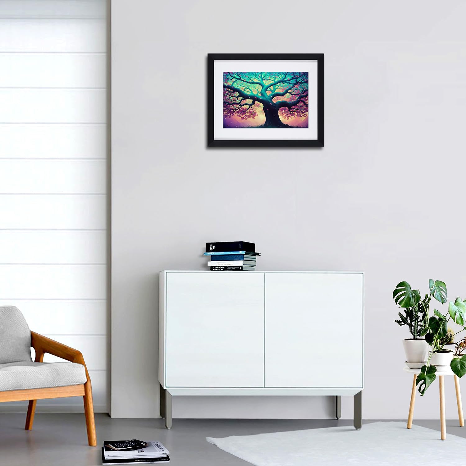 Cuadro en lienzo con marco de árbol morado y azul, con paspartú blanco roto para cocina, decoración del hogar o sala de estar