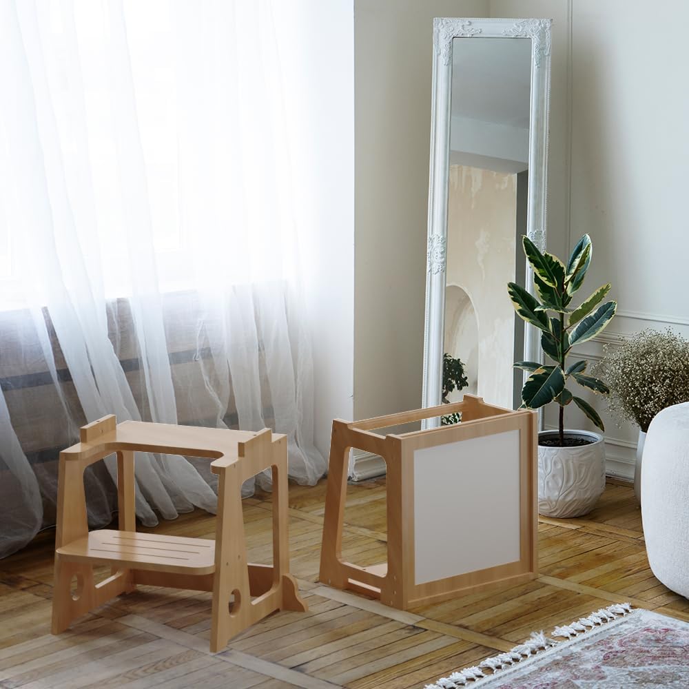 Taburete de cocina 4 en 1 para niños pequeños, taburete de torre de aprendizaje para niños con riel de seguridad y tabla blanca para escribir
