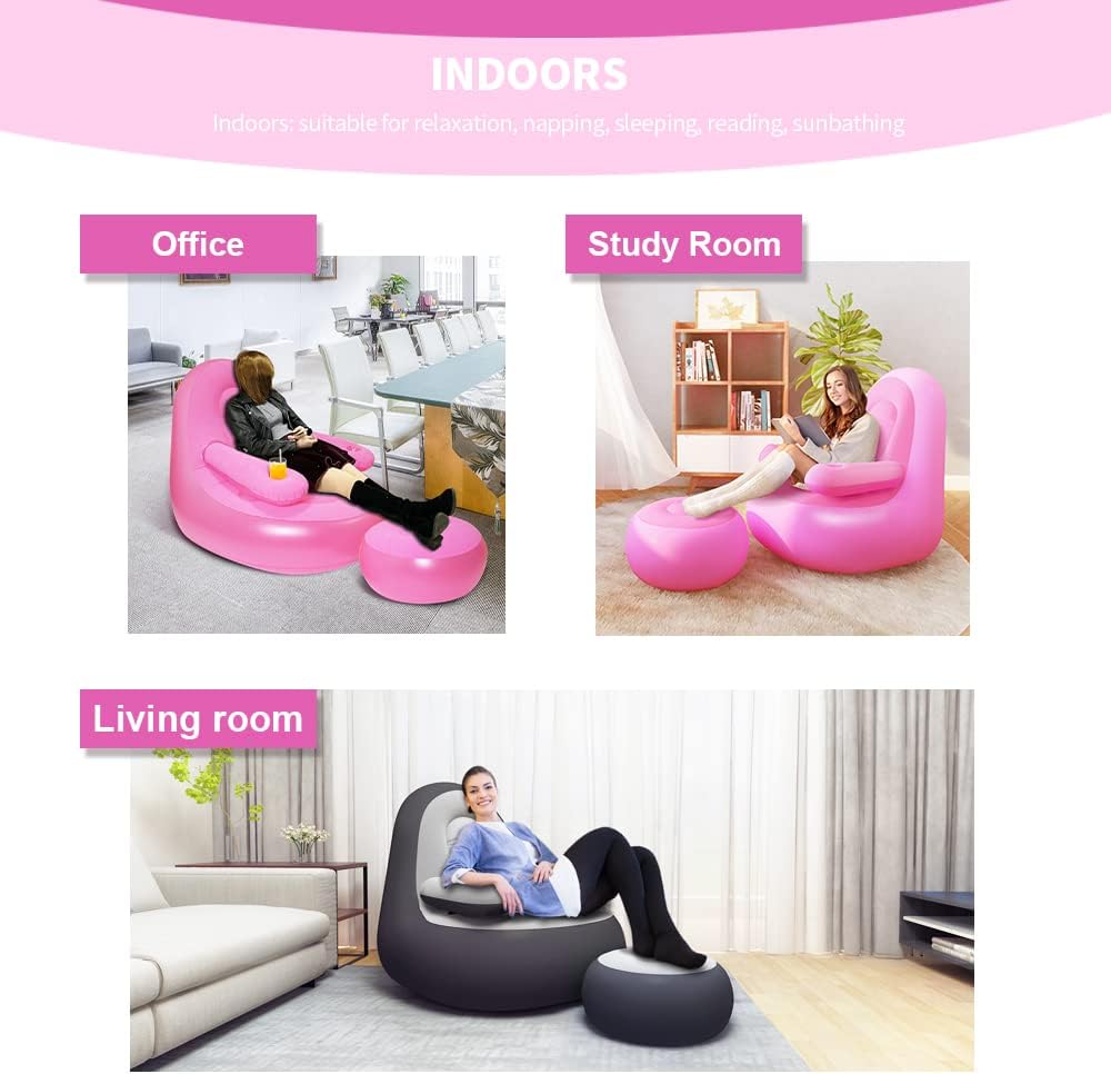 Nevife Sillón inflable con otomana y portavasos, sofá inflable portátil, tumbona de aire, sofá perezoso para camping, juegos, almuerzo, jardín,