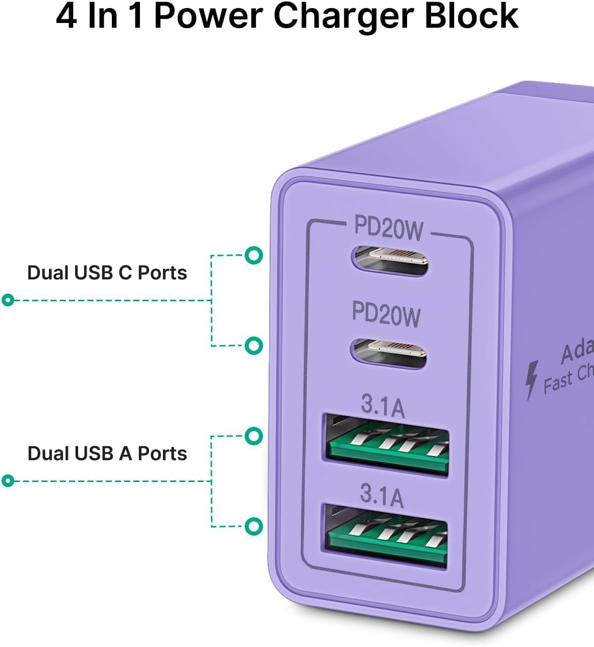Aioneus – Cargador de pared USB C, 40 W, 4 puertos, rápido USB C, bloque de carga de doble puerto PD + QC, multipuerto tipo C, bloque de carga para