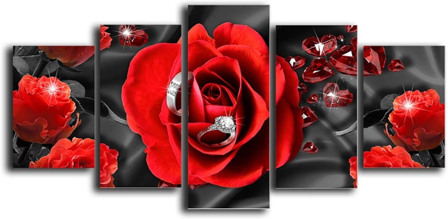 AWLXPHY Decor Lienzo decorativo para pared, 5 paneles enmarcados con rosas rojas y negras, para decoración de sala de estar, diseño moderno de rosas