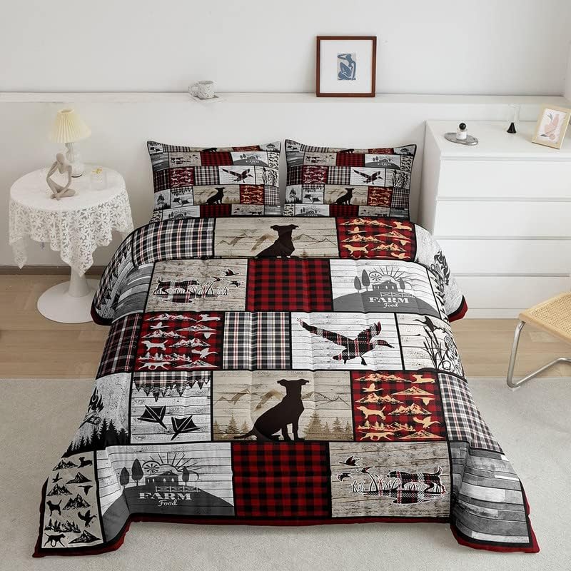 Feelyou Juego de ropa de cama de perro de caza de patos, juego de edredón rústico a cuadros, edredón de pato malardo, para niños, niñas,