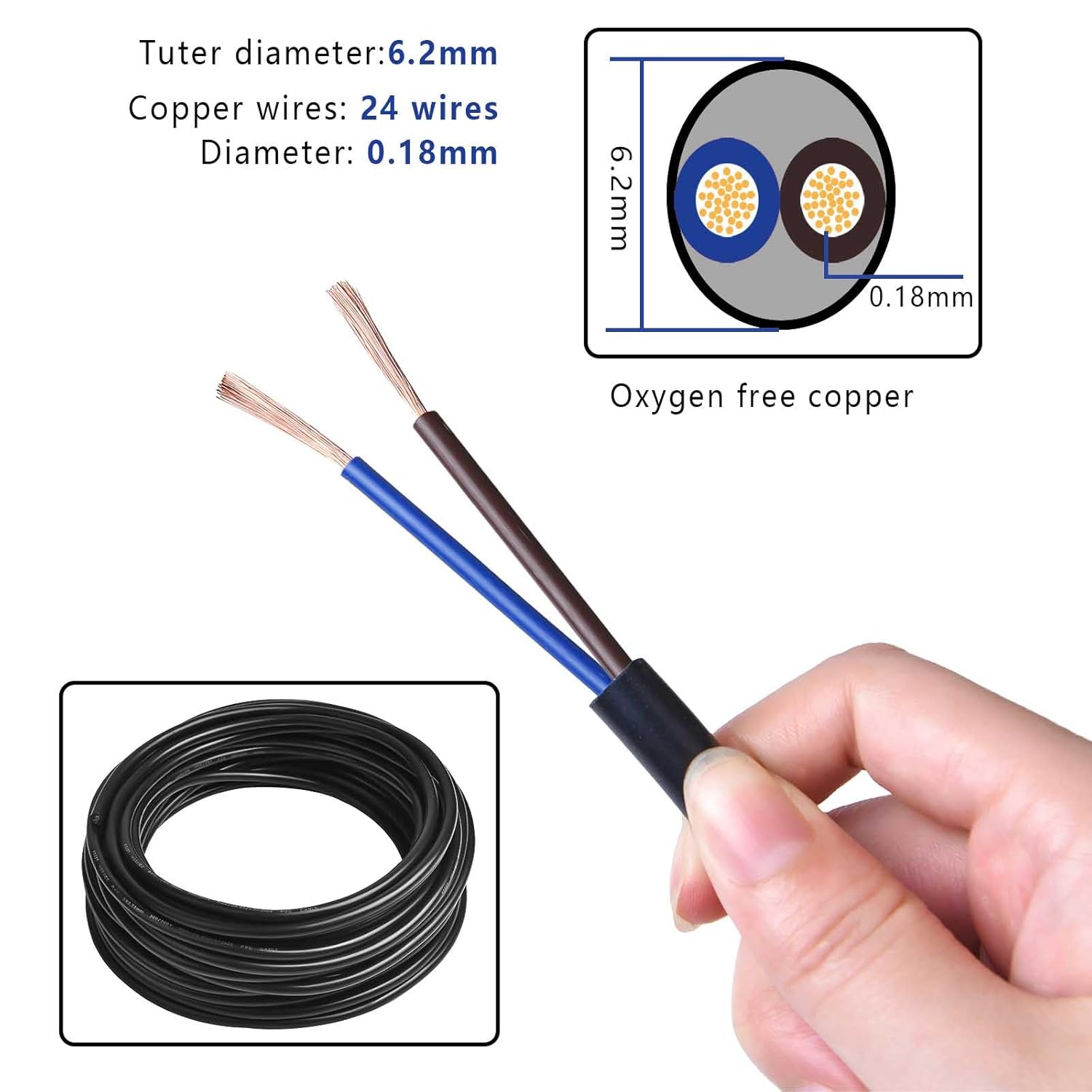 Cable eléctrico de calibre 18, 2 conductores, cable eléctrico de PVC trenzado de 100 pies, 18 AWG, cable de cobre sin oxígeno para tiras de