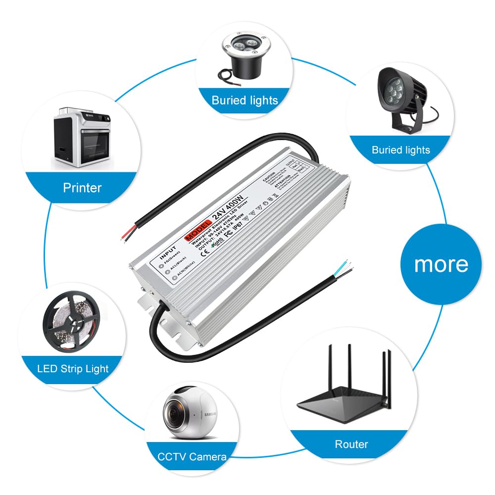 Fuente de alimentación LED de 24V 400W, Fuente de alimentación exterior impermeable IP67, CA 90-140V a DC 24 voltios controlador LED, transformador