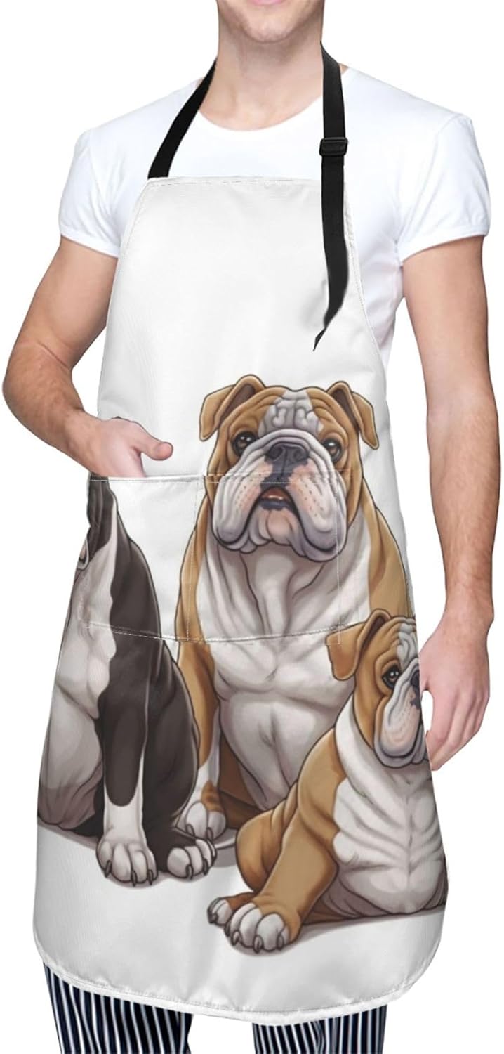 RLDOBOFE Delantal con estampado de bulldogs ingleses, delantal impermeable con correa ajustable para el cuello, delantal de cocina, babero de chef