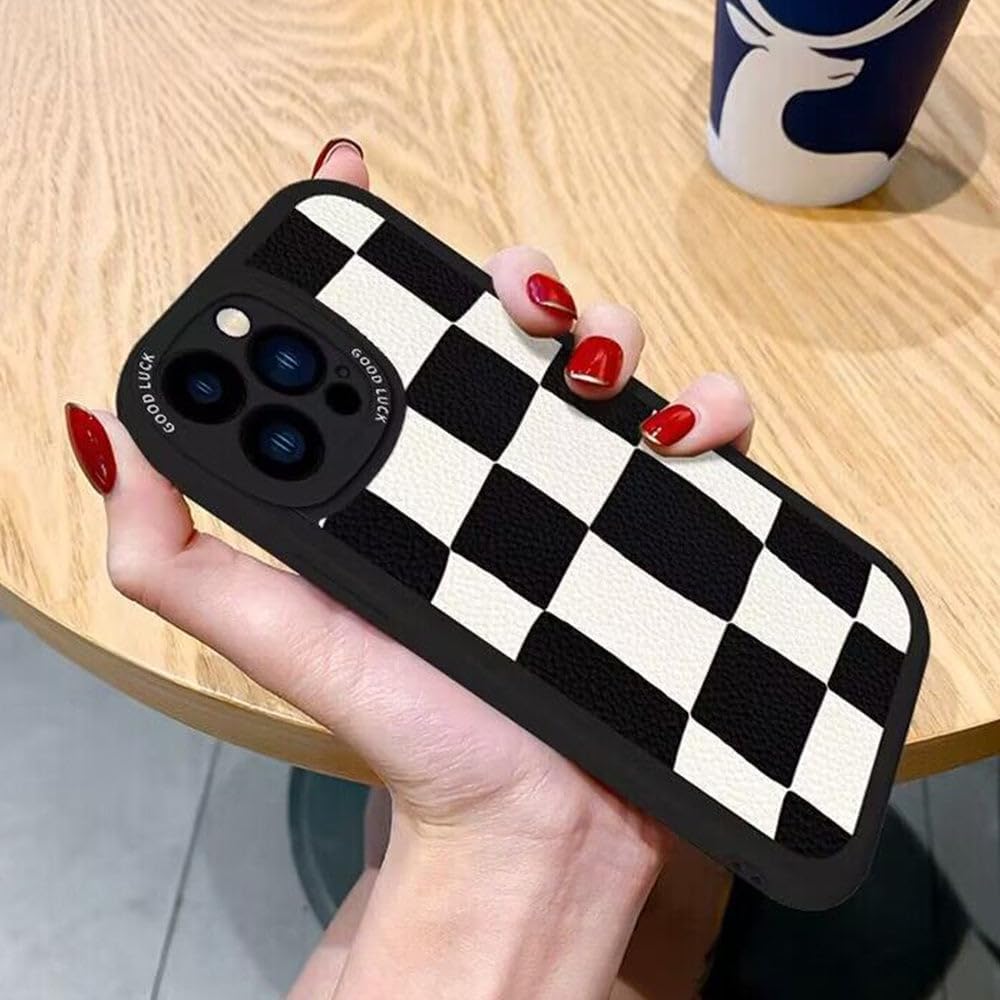 Casechics Funda compatible con iPhone, diseño estético retro clásico a cuadros, tablero de ajedrez a cuadros, protección de lente de cámara, suave a