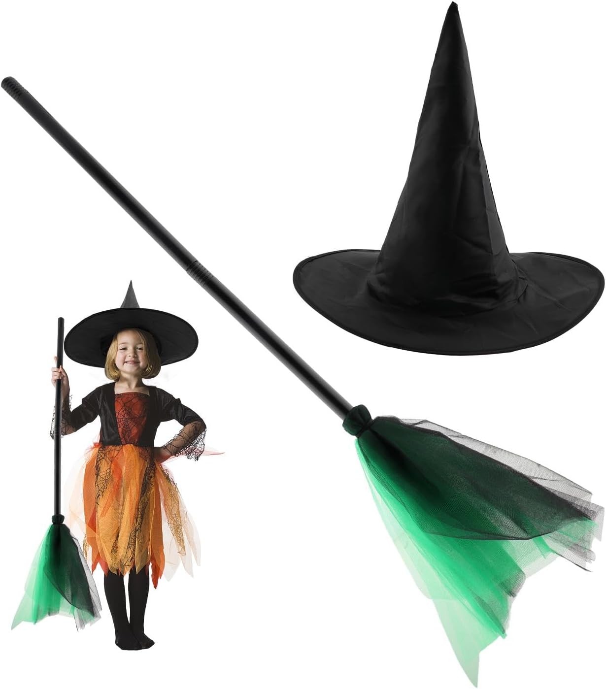 EMVANV Juego de 2 sombreros de escoba de bruja de Halloween, sombreros negros de bruja de Halloween, escobas de bruja de Halloween desmontables,