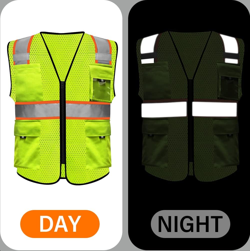 HYCOPROT Chalecos de seguridad reflectantes de malla de alta visibilidad con bolsillos y cremallera, cumple con las normas ANSIISEA