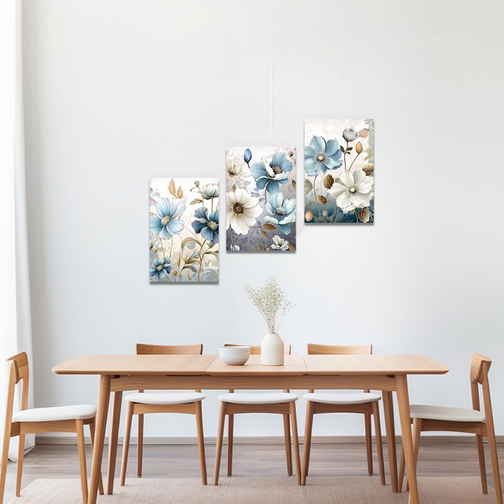 QIXIANG Lienzo decorativo para pared, 3 piezas, impresiones florales abstractas, pintura de flores azules y blancas para marco de decoración de