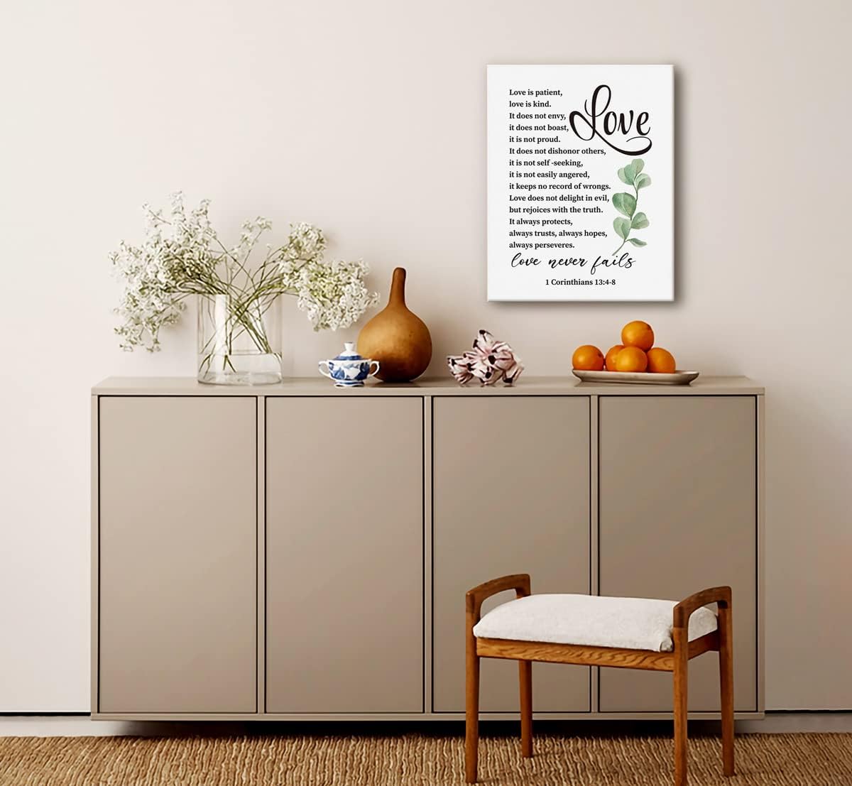 Lienzo decorativo para pared con texto en inglés Love is Patient Love is Kind 1 Corinthians 134-8, póster inspirador para decoración de pared para