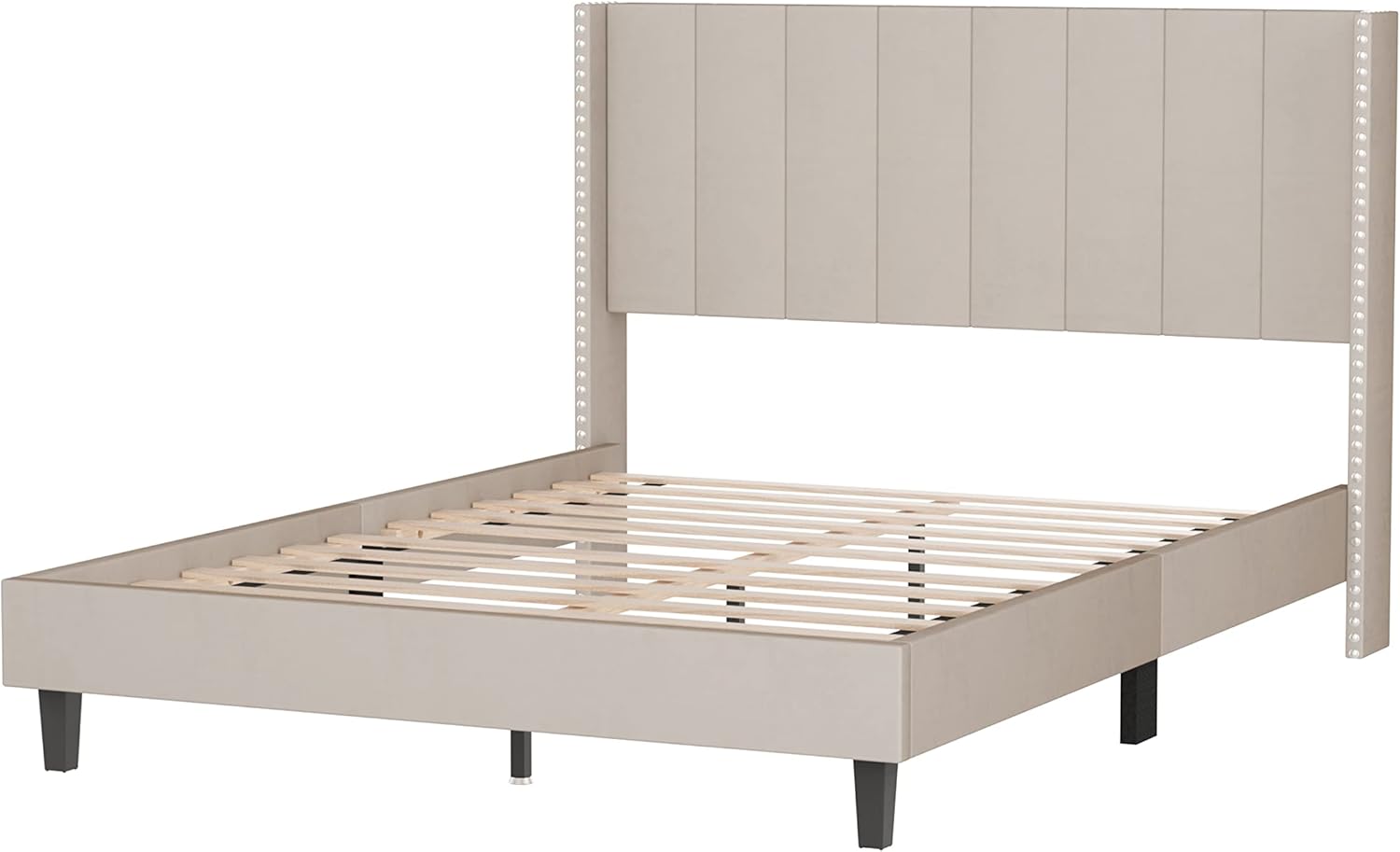 Base de cama de tamaño matrimonial con cabecera capitoné de canal, base de colchón de listones de madera fuertes, antideslizante y sin ruido, marcos
