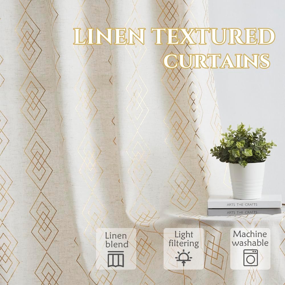 ugoutry Panel texturizado de lino dorado para dormitorio, cortinas bohemias geométricas metálicas para sala de estar, 84 pulgadas de largo, cortinas