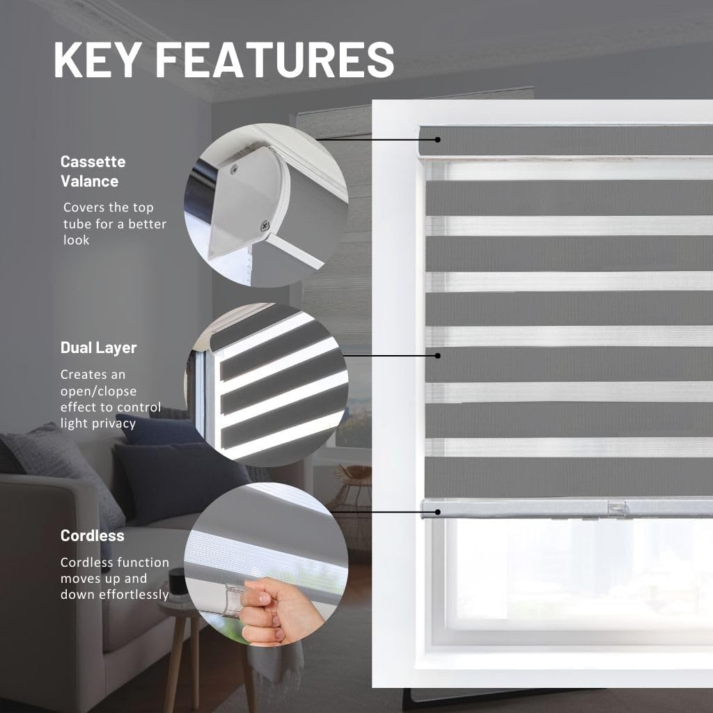 CHICOLOGY – Sombras de cebra sin varillas para uso diario, tratamiento de doble capa para ventana de filtrado de luz, ideal para niños y perfecto