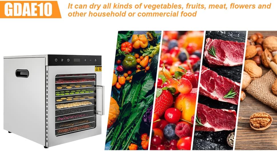 Deshidratador de alimentos para carne seca, 10 bandejas de acero inoxidable, máquina deshidratadora de alimentos para alimentos, hierbas, verduras,