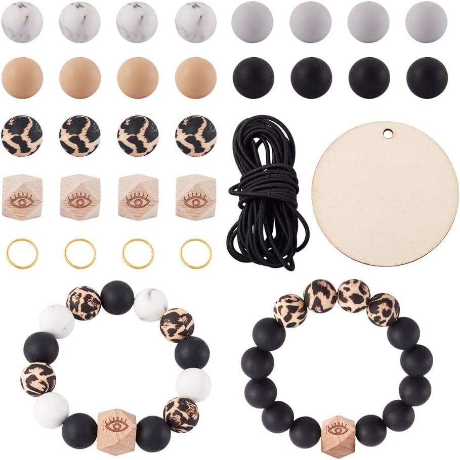 Kit de fabricación de pulseras de silicona, 64 cuentas redondas de silicona con 4 cuentas de madera octágonas con patrón de ojos, 4 colgantes de