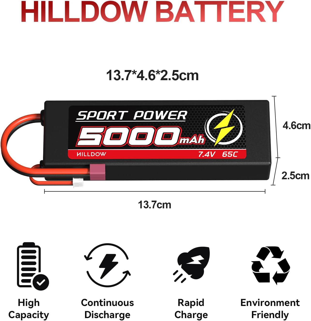 Hilldow Batería Lipo RC de 7.4 V 2S 65C 5000mAh Lipos Hard Case Baterías recargables con conector T estilo Dean para automóviles 18 110 RC camiones