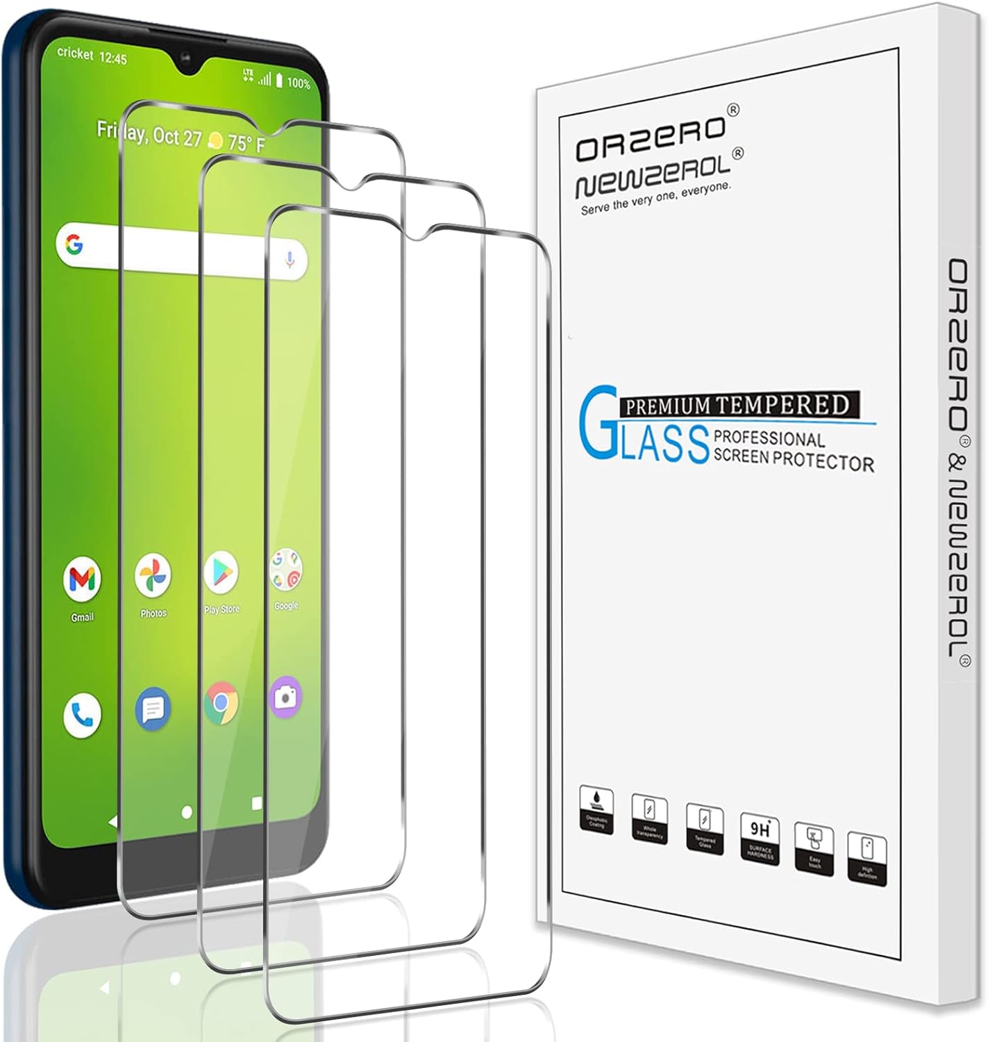 Orzero – Protector de pantalla compatible con Cricket Icon 3, vidrio templado 2.5D, bordes de arco 9 de dureza HD, sin burbujas (reemplazo de por