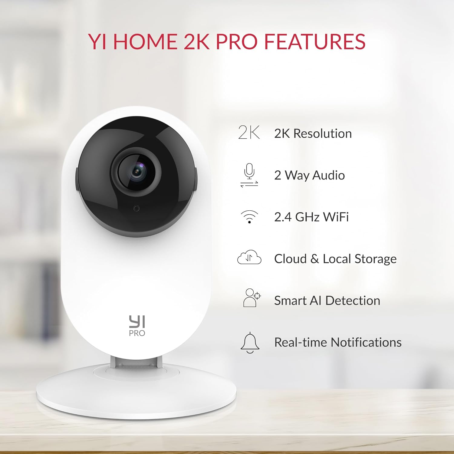 YI Cámara de seguridad para el hogar Pro 2K, cámara interior de 2.4 GHz con persona, vehículo, detección inteligente de animales, aplicación de