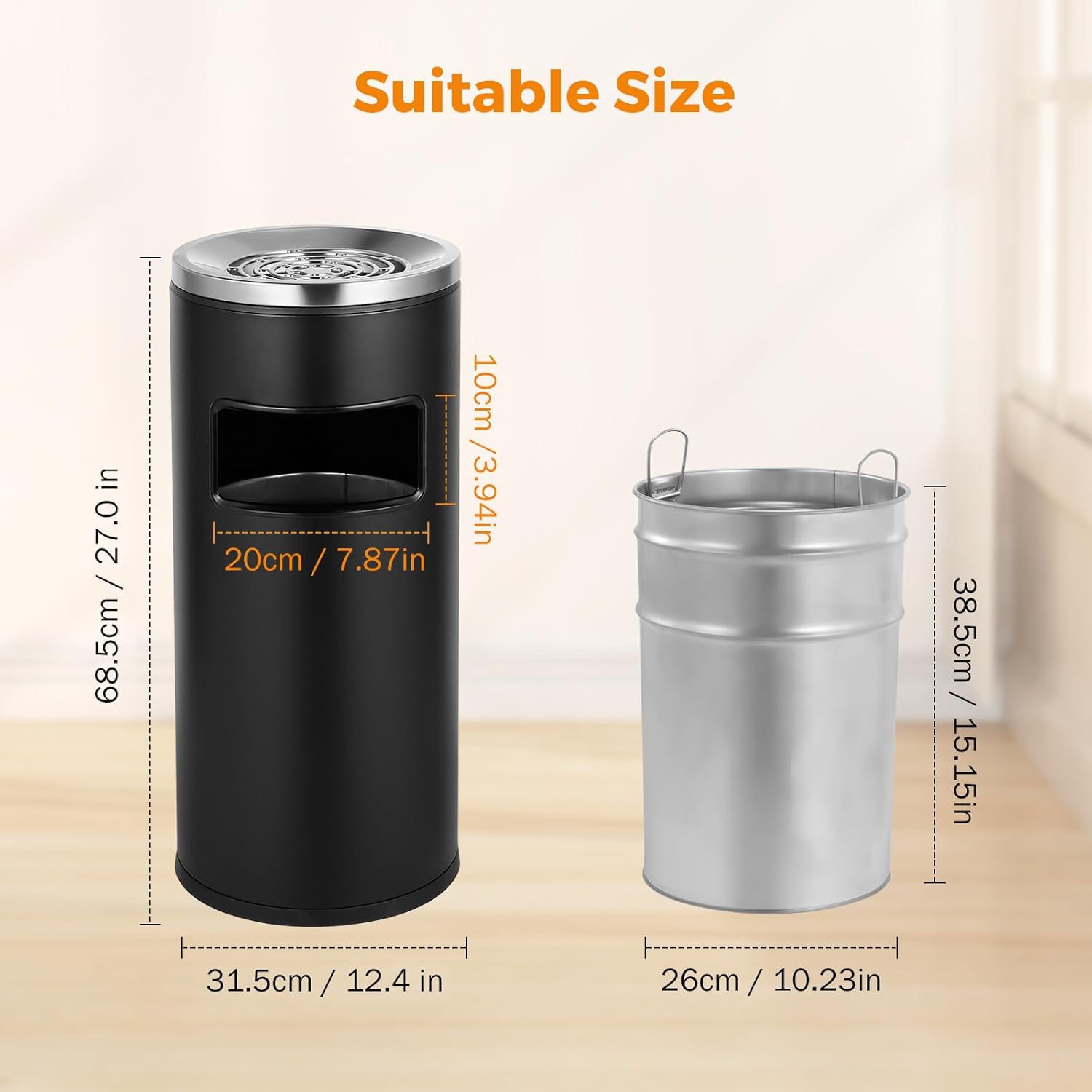 BEAMNOVA Bote de basura al aire libre con tapa, contenedor de basura comercial negro de acero inoxidable para patio, garaje interior, contenedor de
