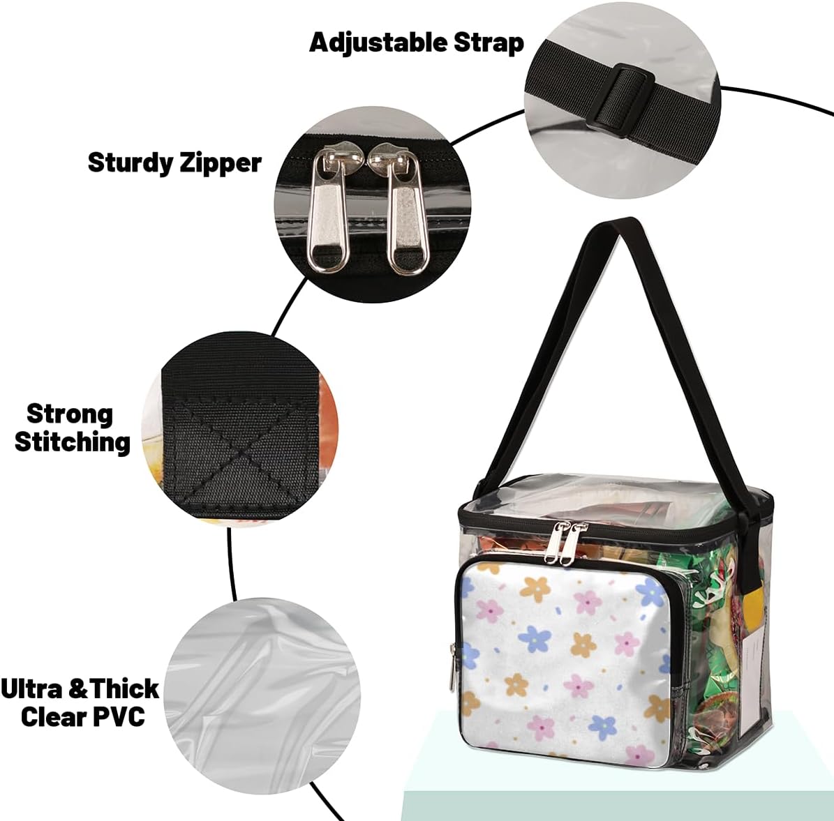 Bolsas de almuerzo transparentes con confeti floral para el trabajo, lonchera de plástico transparente con correa ajustable y compartimento frontal