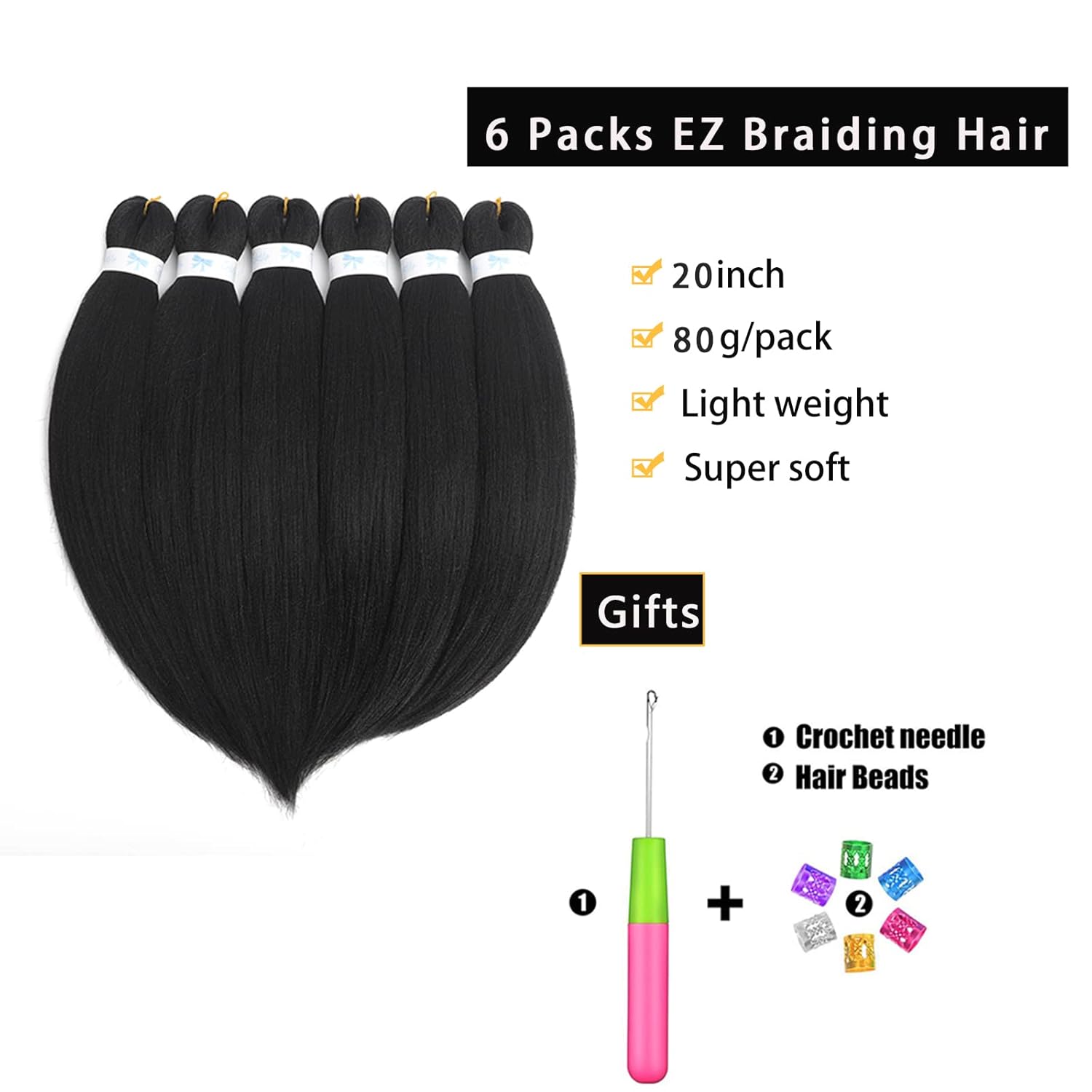 20 Inch 6 Packs Pre-stretched EZ Braiding Hair Extensions Yaki Texture Professional Crochet Braids Hair Hot Water Setting Synthetic Hair for Twist