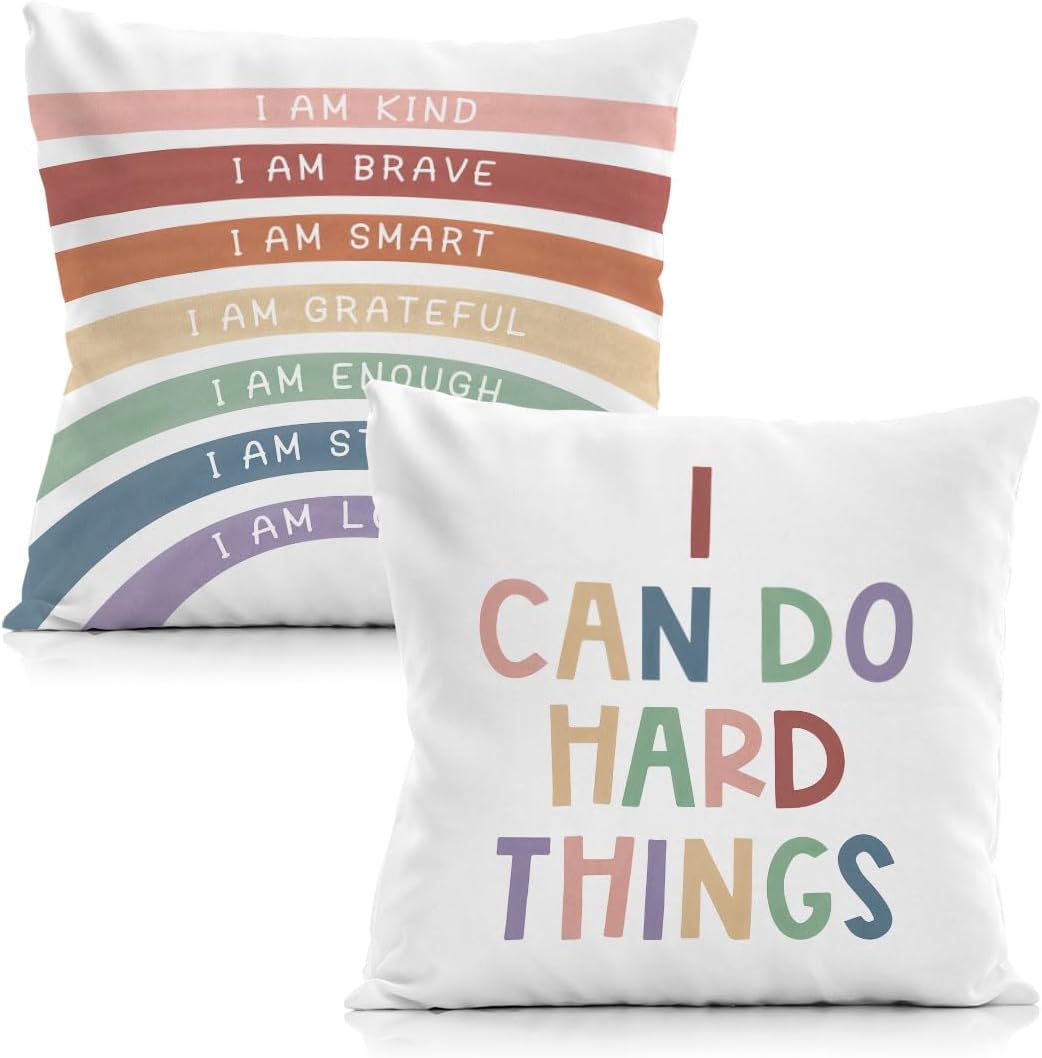 Juego de 2 fundas de almohada con texto en inglés “Rainbow Class”, fundas de almohada con texto en inglés “I Can Do Hard Things”, fundas de almohada