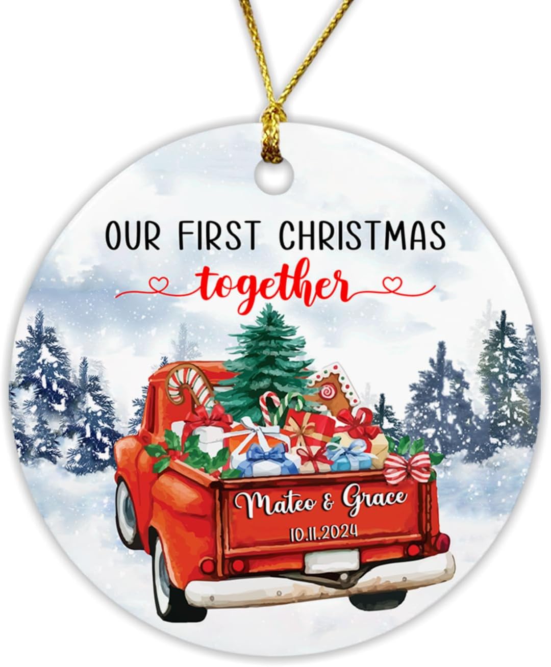 Adorno de Navidad con texto en inglés Our First Christmas Together Married Christmas 2024, auto rojo, fecha de nombre personalizado, para recién