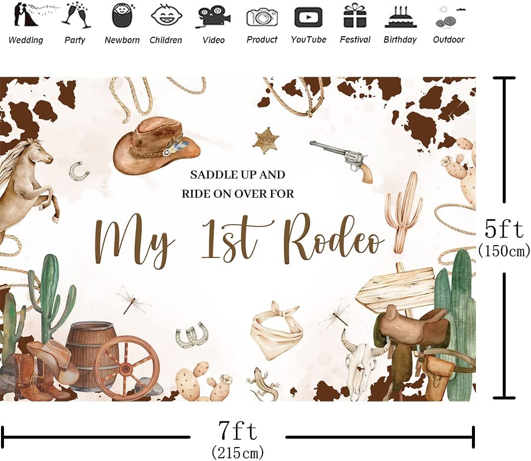 Hilioens Fondo de 7 x 5 pies con texto en inglés “My 1st Rodeo”, fondo de primer cumpleaños de vaquero occidental para niña, cactus del salvaje