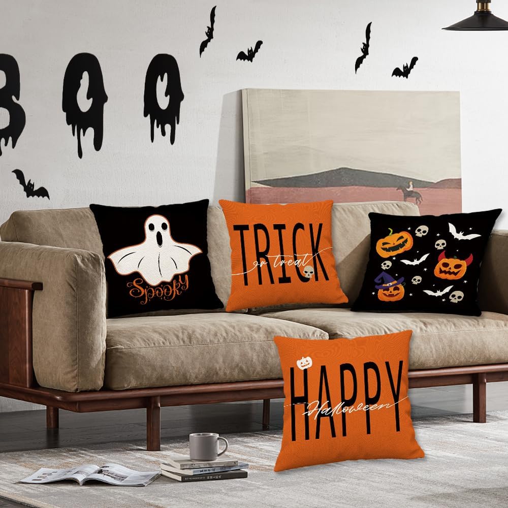 Juego de 4 fundas de almohada de Halloween de 20 x 20 pulgadas, juego de 4 fundas de almohada de truco o trato, negro, blanco, fantasma, bruja,