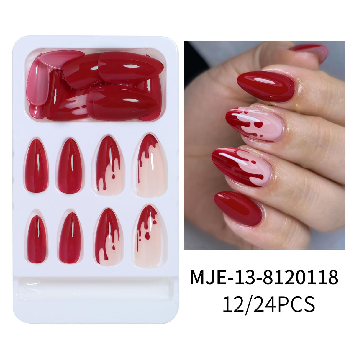 LPOONNDU – Uñas a presión de Halloween con forma de almendra, uñas postizas medianas de Halloween, color rojo brillante para mujeres, juego de 24