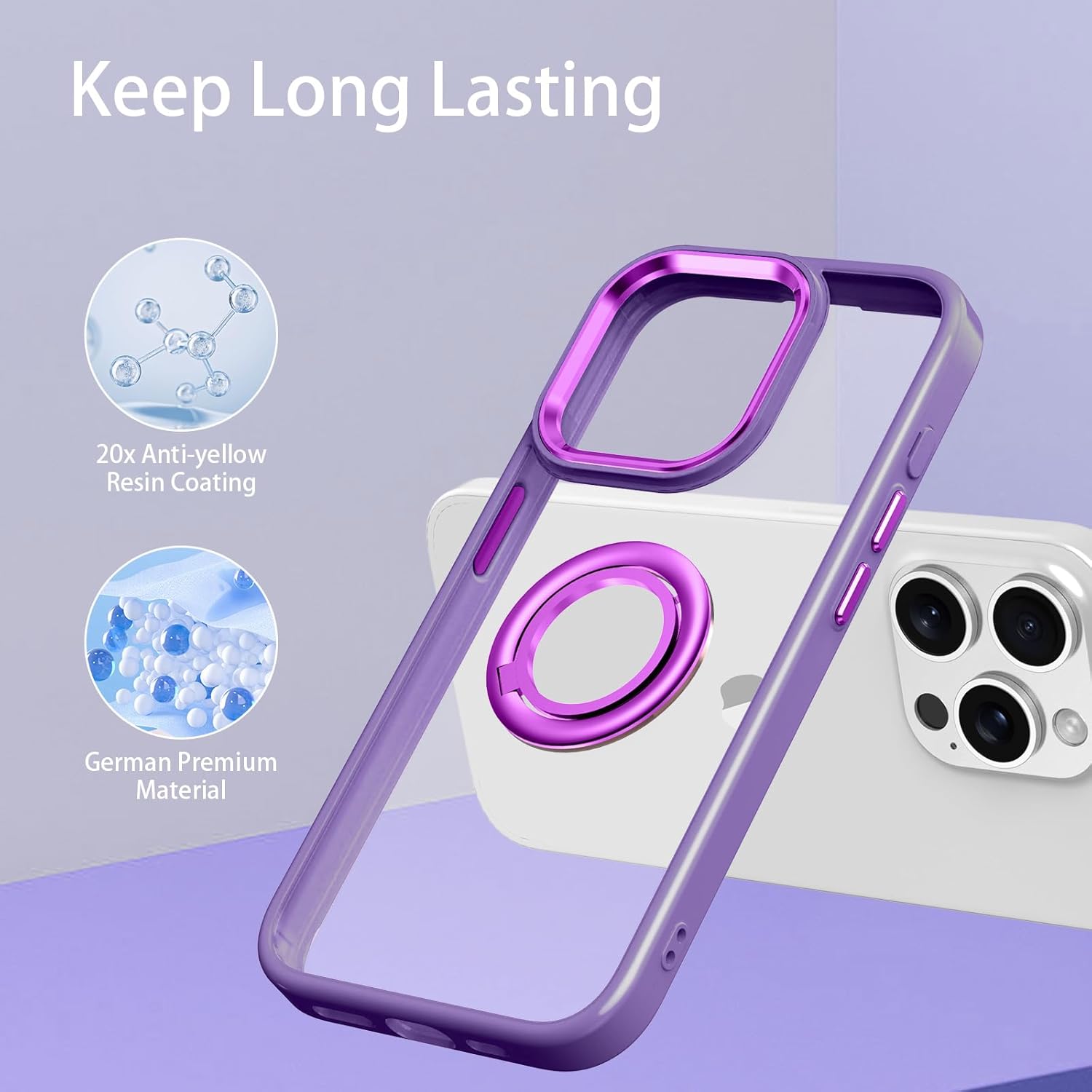 LONTECT Funda para iPhone 15 Pro con soporte de anillo a prueba de golpes, ajuste delgado, resistente a los arañazos, cristal transparente, funda