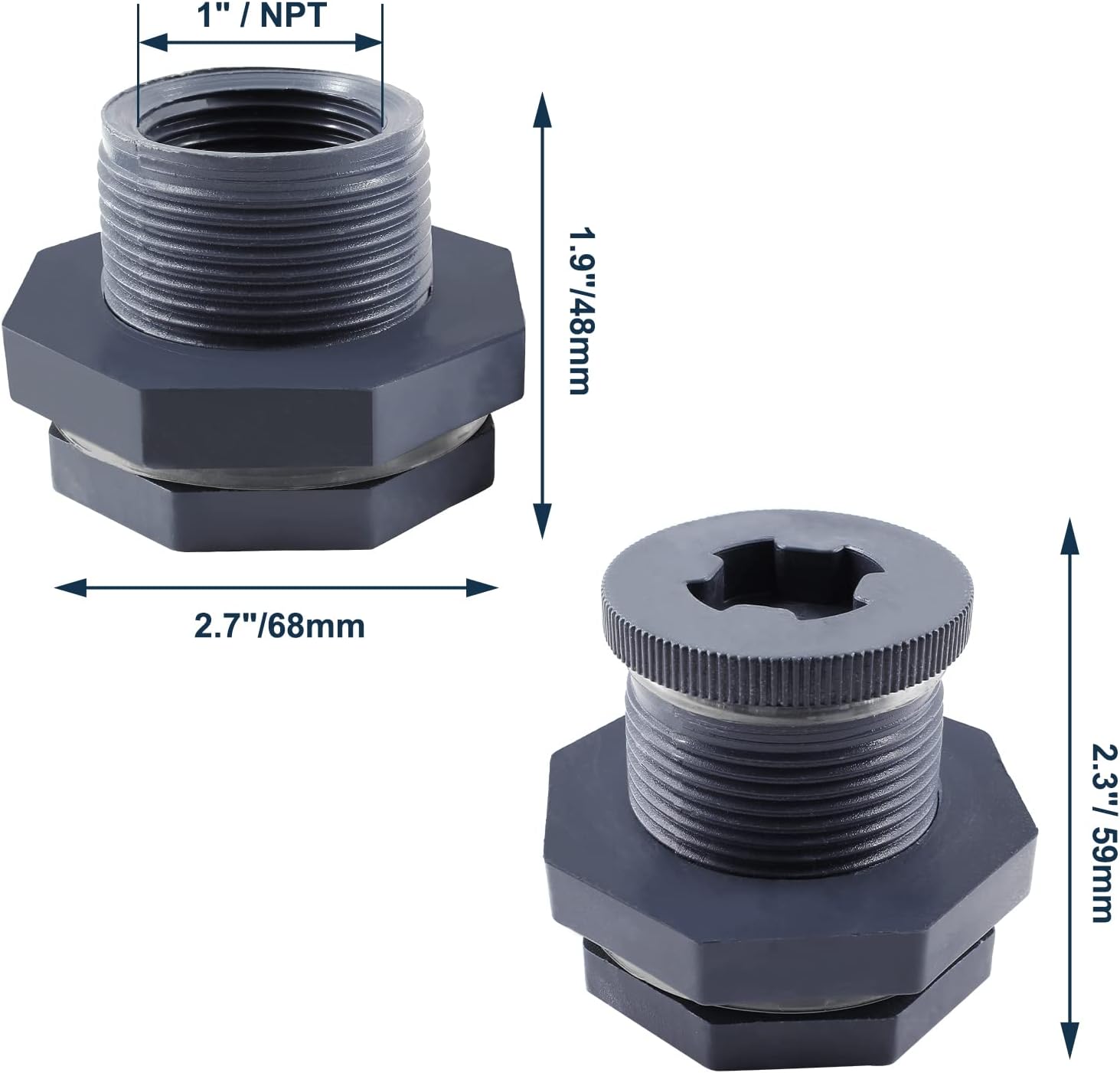 Paquete de 2 conectores hembra de PVC NPT de 1 pulgada, conector de tanque de agua con tapones para barriles de lluvia, acuarios, gris oscuro (juego