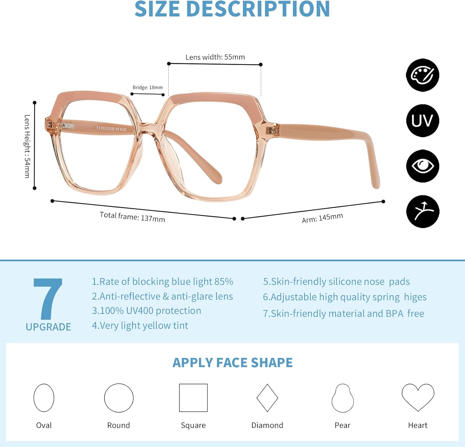 Gafas de luz azul para mujer, gafas de computadora de gran tamaño, filtro de luz azul, gafas de juegos