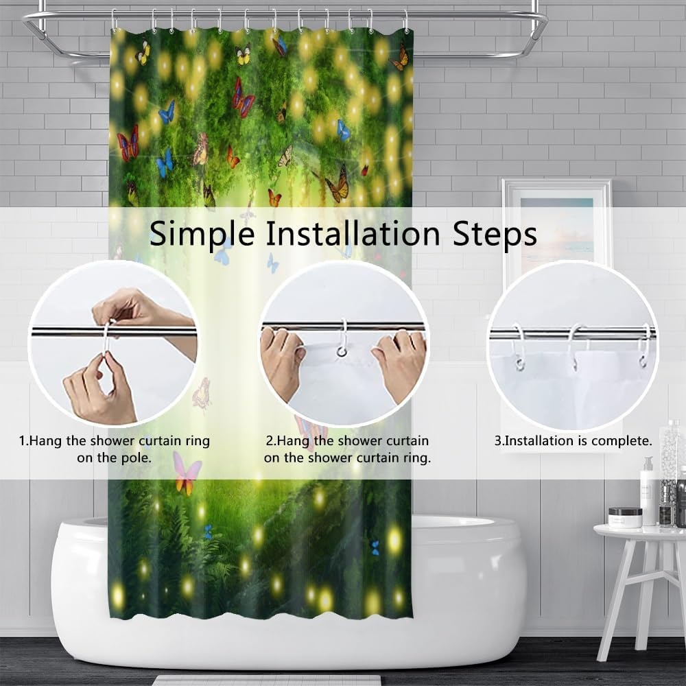 Uiiooazy Cortina de ducha de primavera para baño, diseño de mariposas azules, sol, juego de cortina de tela impermeable para bañera, hojas de árbol
