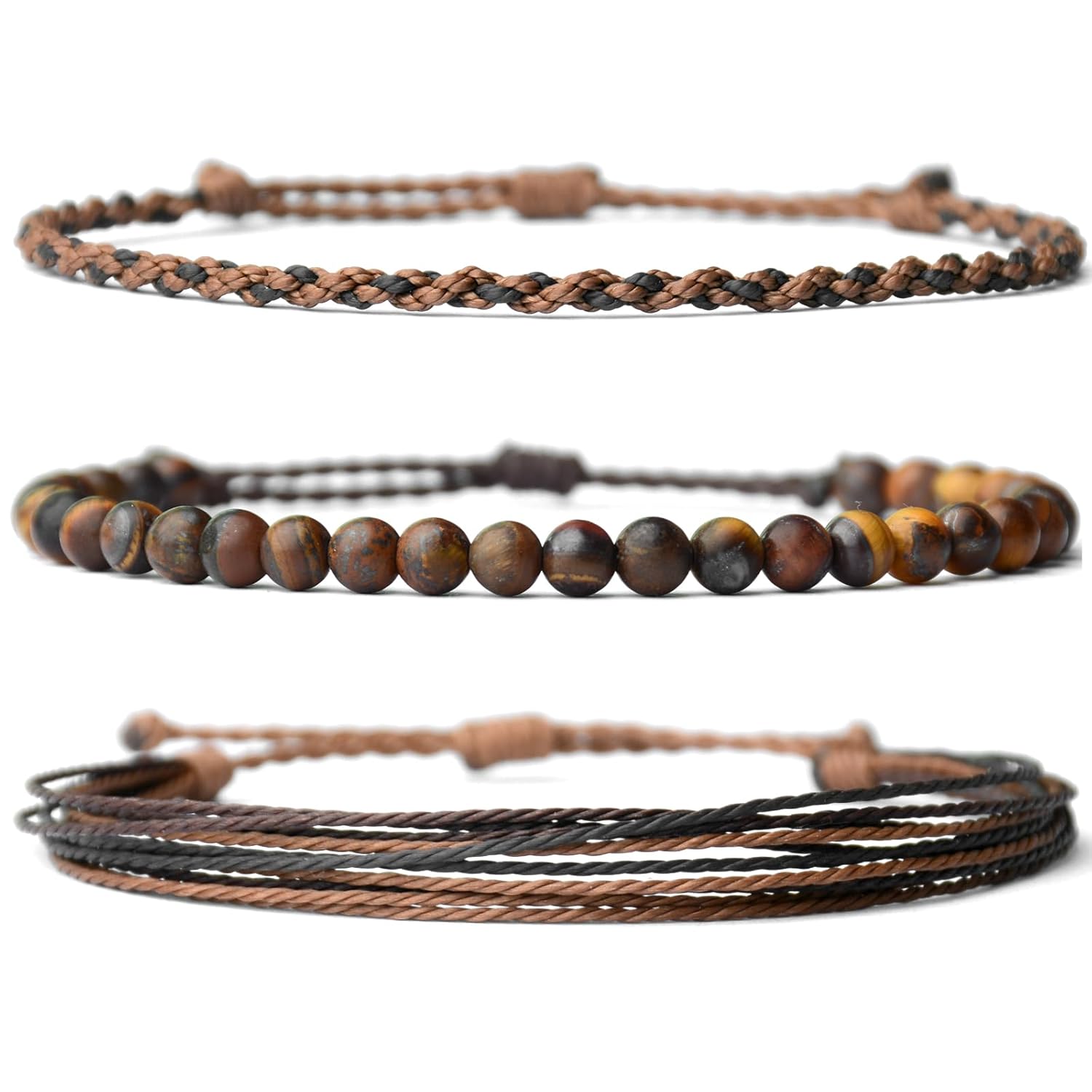 Handmade Natural Stone Beaded Healing Bracelet Gift for Men Adjustable Rope String Bracelets (tiger-eye)