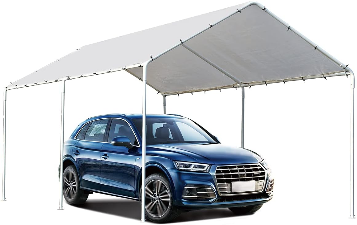 Carport – Tienda de campaña resistente de 10 x 20 pulgadas, kit de cochera de metal, tienda de campaña con 6 patas de acero reforzado para