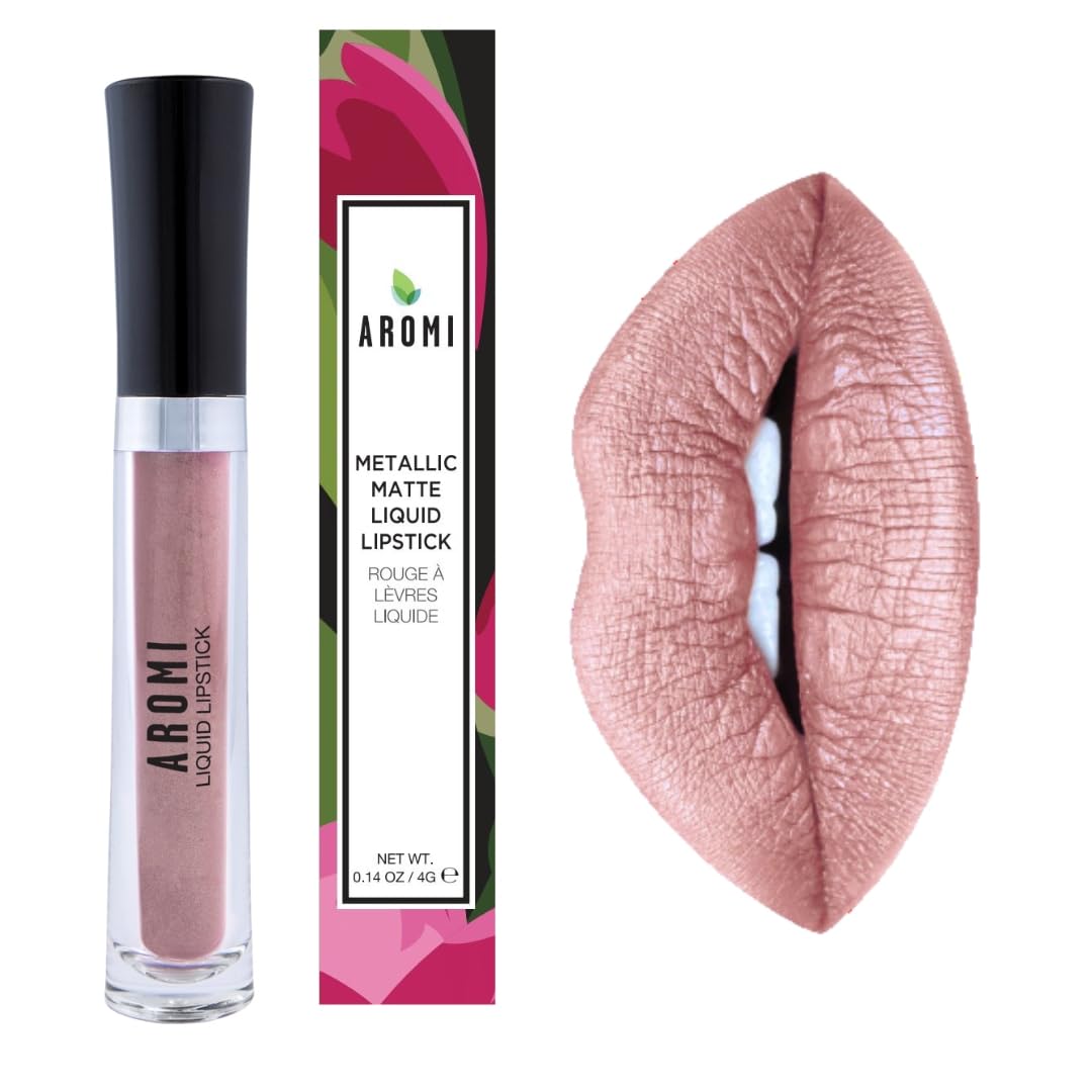 Aromi Lápiz labial líquido metálico, a prueba de manchas y manchas, de larga duración, marrón claro, color de labios nude con acabado brillante,